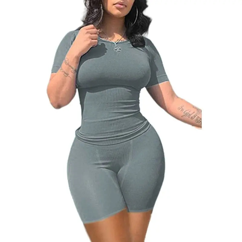 Showlu Fashion women's ribbed knit lounge set with matching shorts, casual two-piece outfit for comfortable, stylish wear.