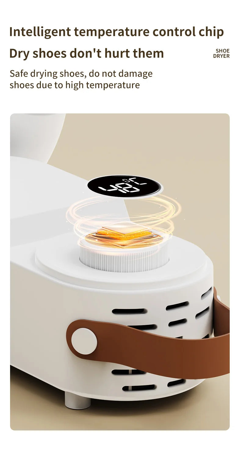 Showlu Smart Electric Shoe Dryer with 150W power, portable design, deodorizer feature, and adjustable timer for shoe drying.