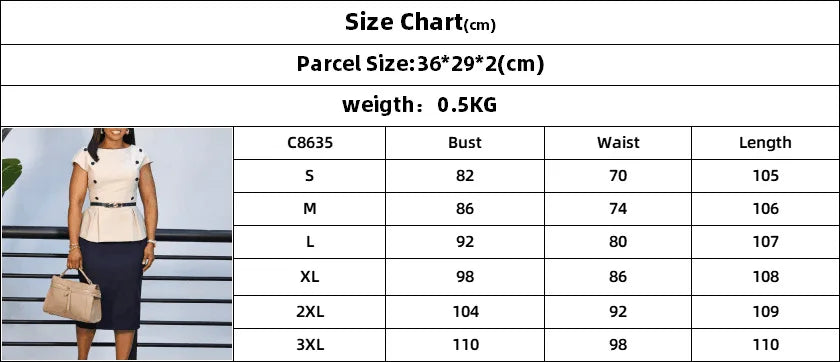 Elegant woman pencil dress with O-neck, short sleeves, peplum waist, patchwork design, and belt for formal office or church wear.