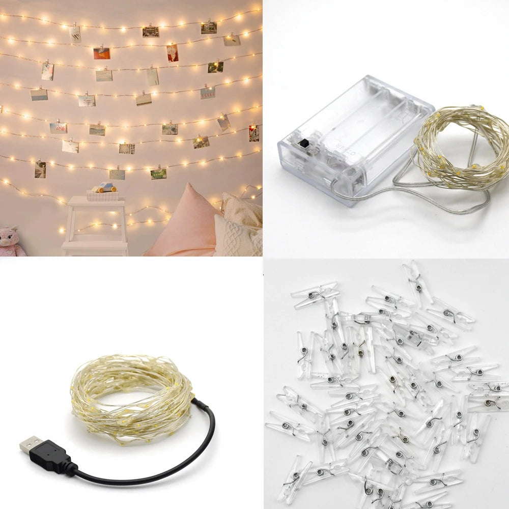 Showlu Smart General LED photo clip string lights hanging with clips and glowing bulbs for decorative lighting.