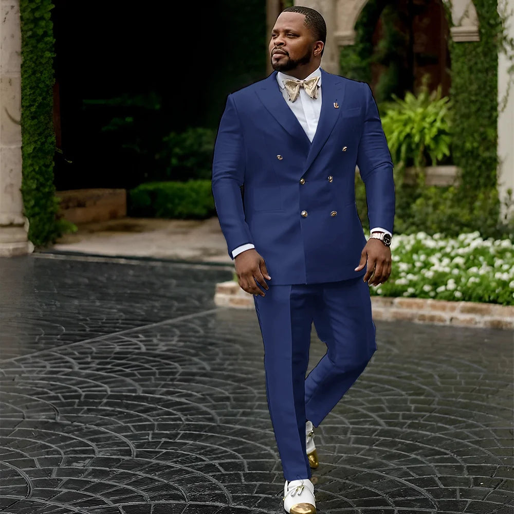 Showlu men's white satin double-breasted tuxedo jacket and trousers, stylish wedding suit with elegant satin finish.
