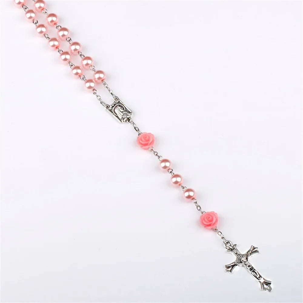 Pink 6mm rosary necklace for women with rose glass beads, crucifix cross pendant, and INRI symbol, long religious prayer jewelry.