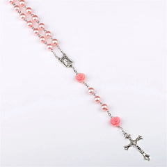 6MM Pink Rosary Necklace For Women Rose Glass Beads Chain Crucifix Cross INRI Pendant Men Religious Prayer Long Jewelry