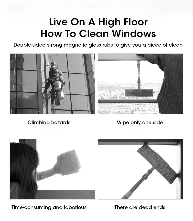 Showlu Smart General magnetic double-sided window glass cleaner tool with dual cleaning pads and ergonomic handle visible in the image.