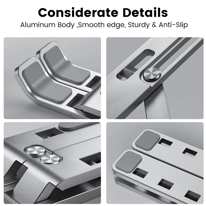 Foldable aluminum Showlu Smart General laptop stand with 6 adjustable ergonomic levels for comfortable use.