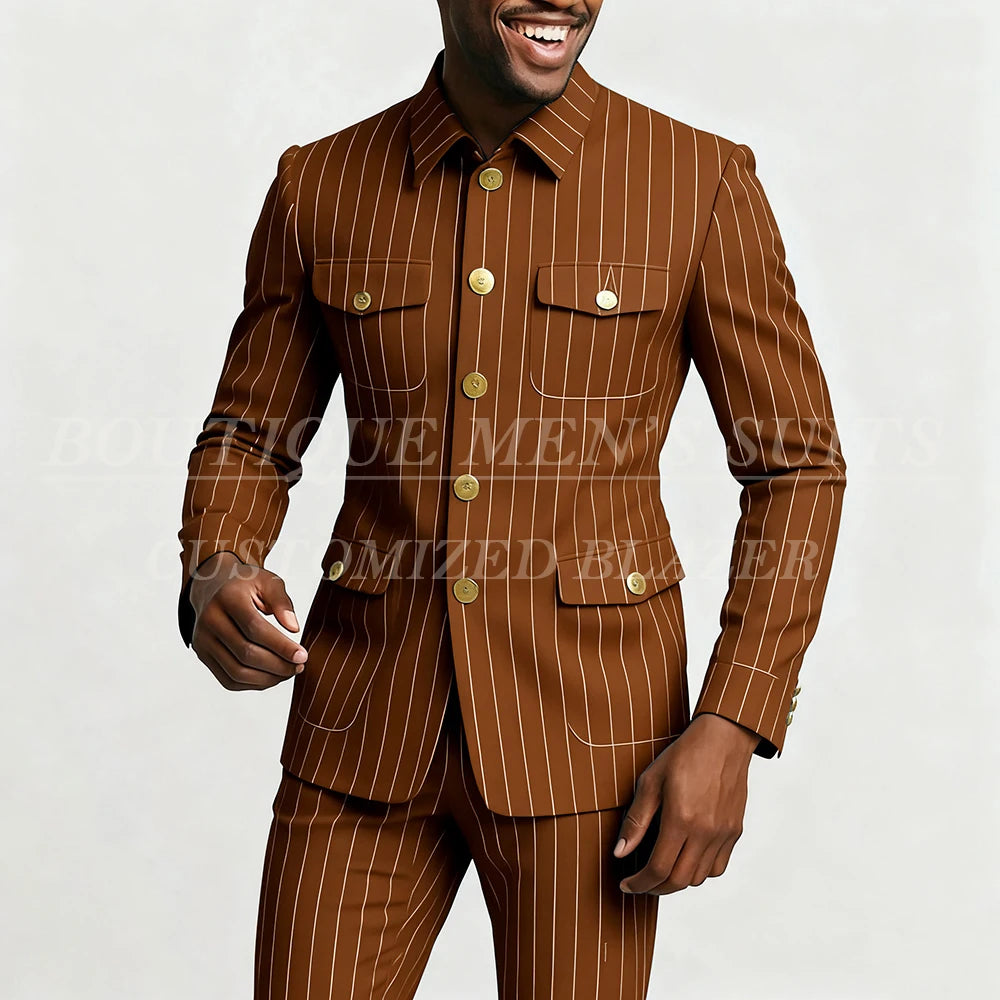 Elegant pinstripe men's suit by Showlu Fashion featuring a single-breasted jacket and slim-fit pants, stand lapel, tailored for a sharp look.