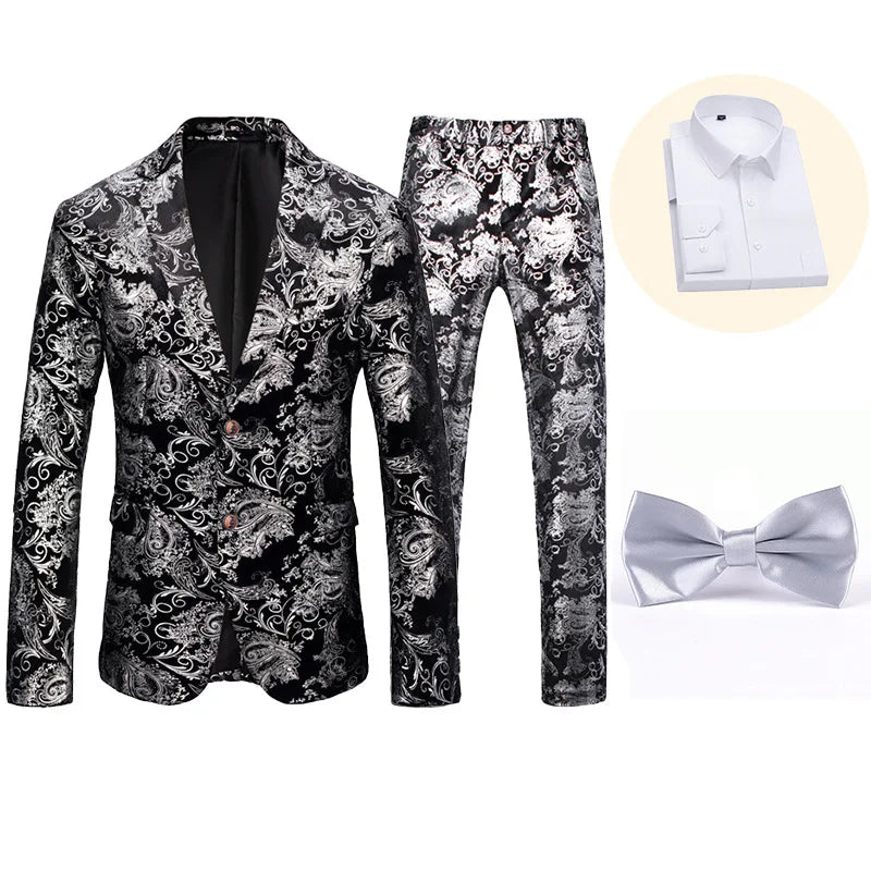 Men's 3-piece slim fit British style wedding suit by Showlu Fashion Store, featuring printed design and tailored fit.