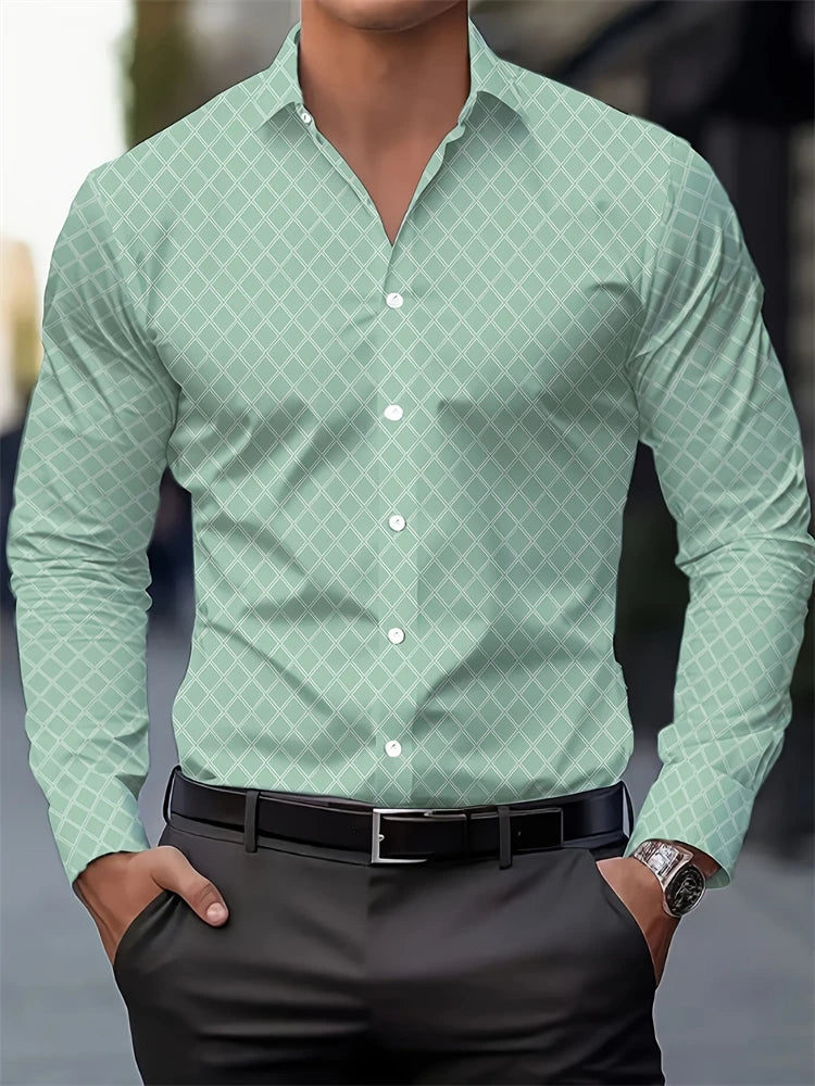 Multicolour striped men's long-sleeved shirt with buttons, lapel, casual style, made of polyester for autumn wear.
