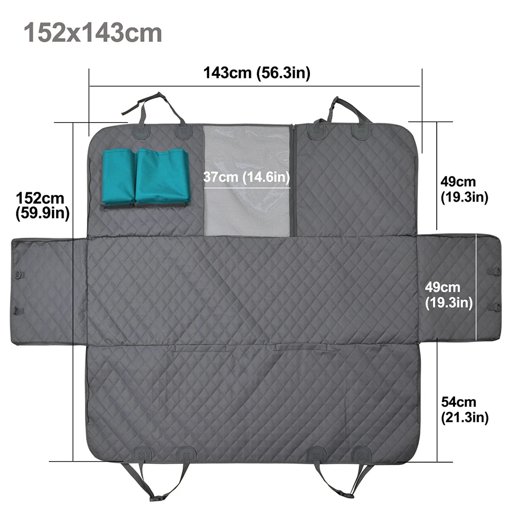 Waterproof dog car seat cover with safety belt for SUVs and trucks, featuring a hammock protector for pets in the rear seat.
