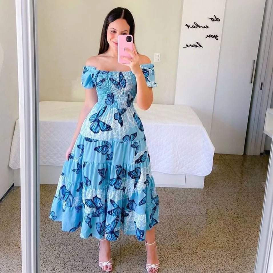 Women's high waisted A-line summer dress with slash neck and floral print, stylish and comfortable from SHOWLU FASHION STORE.
