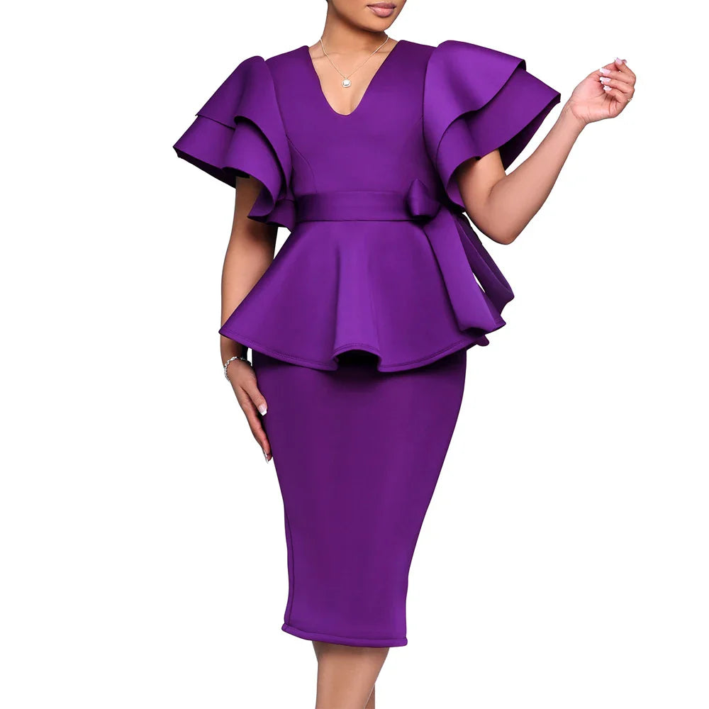 Women's V-neck ruffle sleeve peplum midi dress by SHOWLU FASHION, featuring a fitted bodycon style and elegant design.