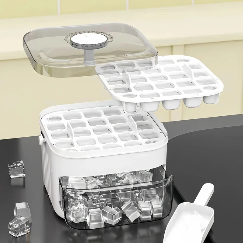 Showlu Smart Mini Portable Ice Cube Machine with a 50-grid plastic ice box for compact, efficient ice making.