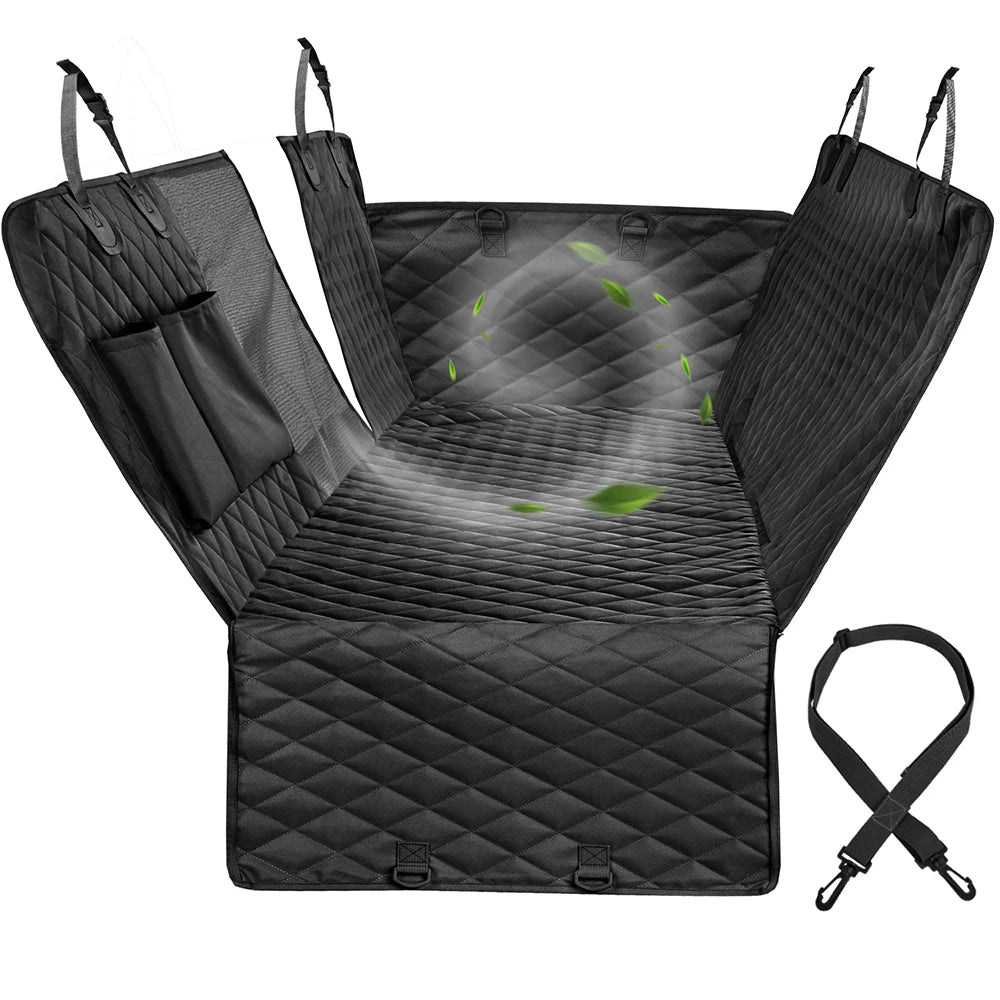 Waterproof dog car seat cover with safety belt, hammock style for SUVs and trucks, designed for pets and car protection.