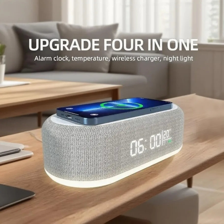 Showlu Smart General 15W wireless charging alarm clock with LED night light, digital display, and sleek modern design.