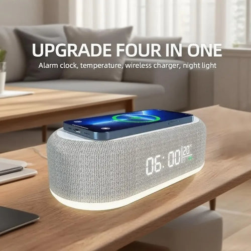 Showlu Smart General 15W wireless charging alarm clock with LED night light, digital display, and sleek modern design.