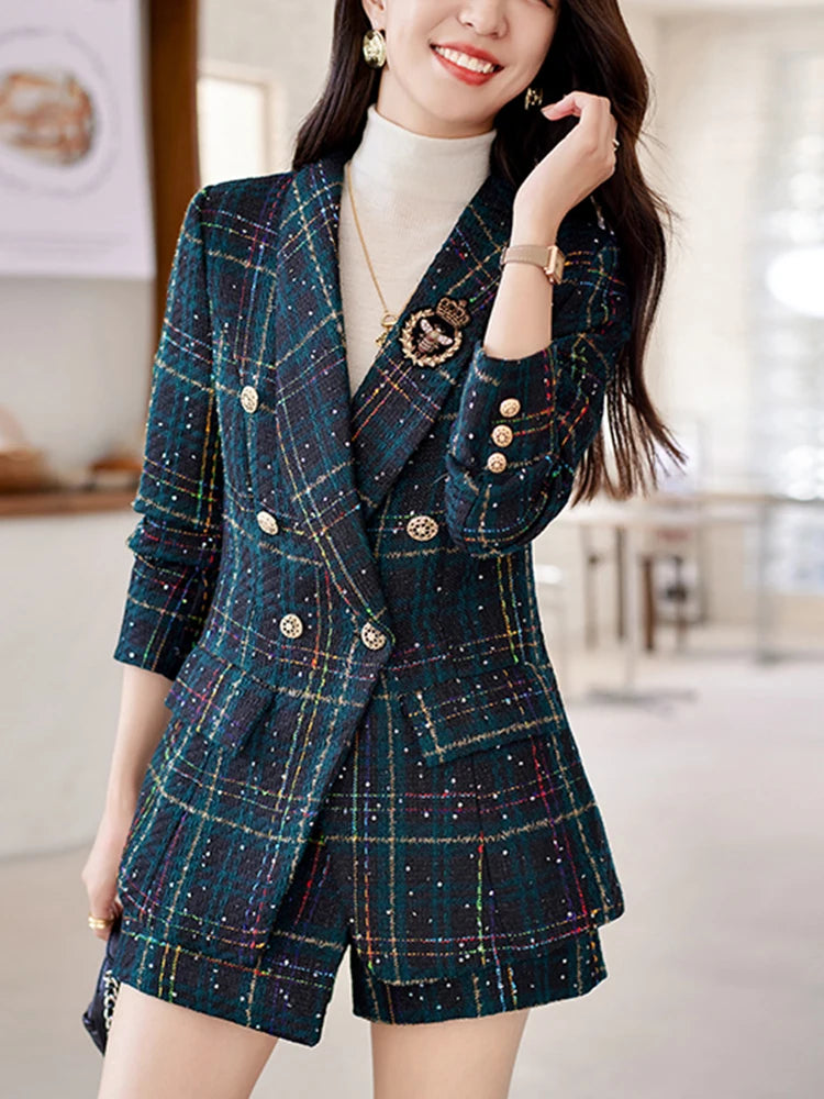 ZJYT Elegant Plaid Tweed Blazer Shorts Suits Autumn Winter Outfits for Women 2 Piece Business Chic Office Matching Set Plus Size SHOWLU FASHION STORE