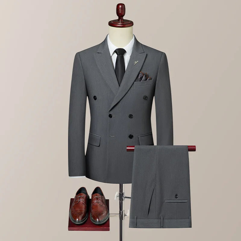Men's slim fit double-breasted wedding suit set by SHOWLU FASHION STORE, featuring a tailored jacket, vest, and trousers in classic style.