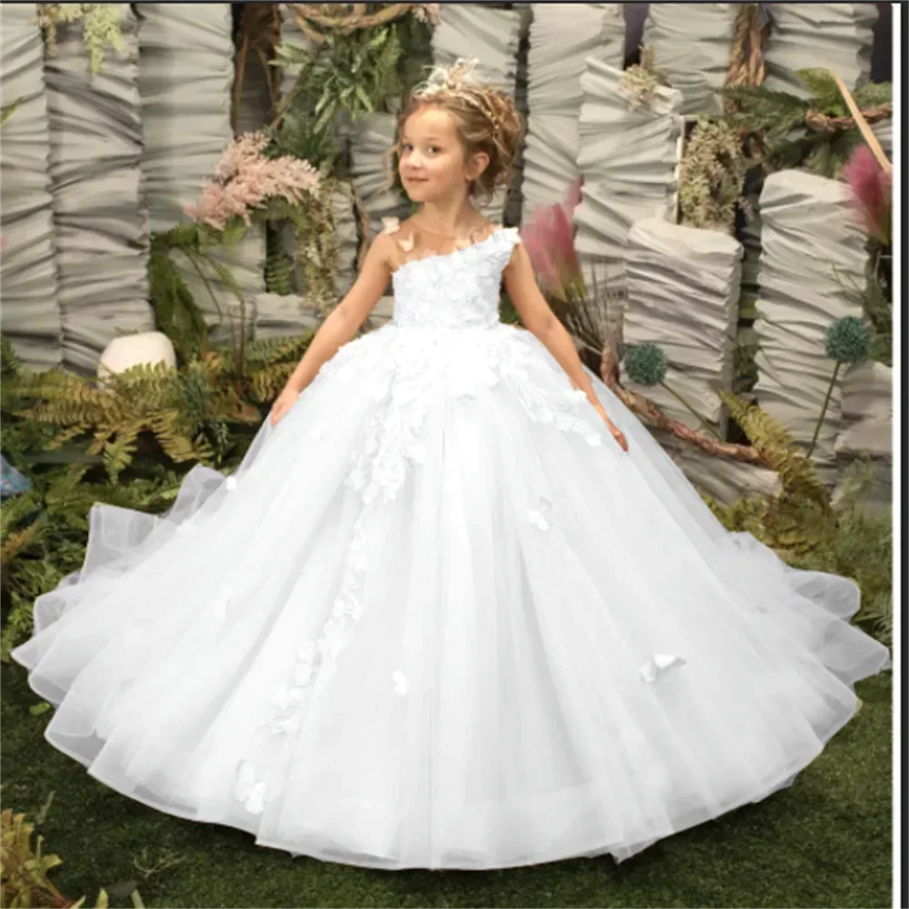 Pink flower girl dress with 3D floral and butterfly appliqué by Showlu Fashion, featuring elegant detailing and a charming design.