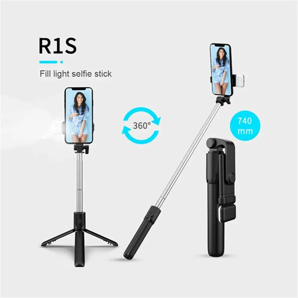 Showlu Fashion Store wireless selfie stick tripod with Bluetooth remote, phone holder, and LED fill light for live streaming.