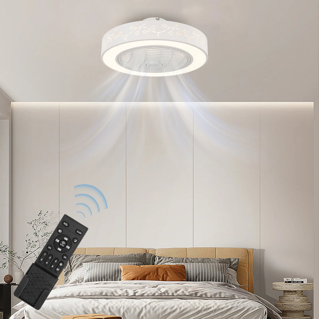 Showlu 55cm flush mount smart ceiling fan with dimmable LED light, featuring sleek design and modern finish.