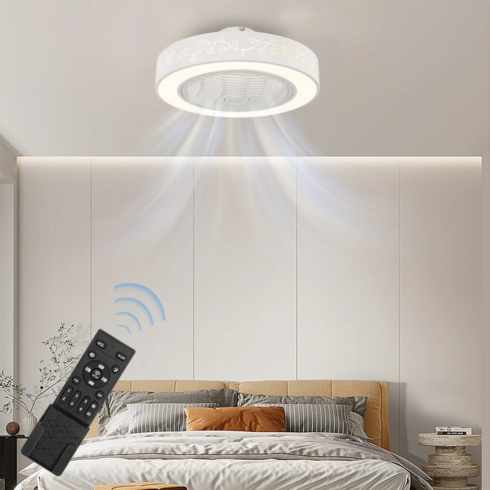 Showlu 55cm flush mount smart ceiling fan with dimmable LED light, featuring sleek design and modern finish.