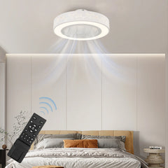 A white flush mount ceiling fan with an integrated light and remote control in a bedroom.