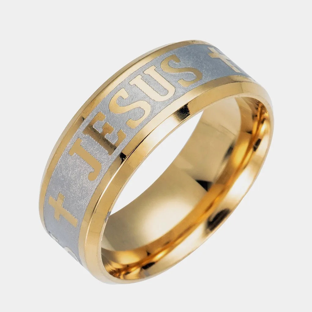 Stainless steel 8mm Jesus cross ring with Christian religious design, showcasing a detailed cross symbol on a sleek band.