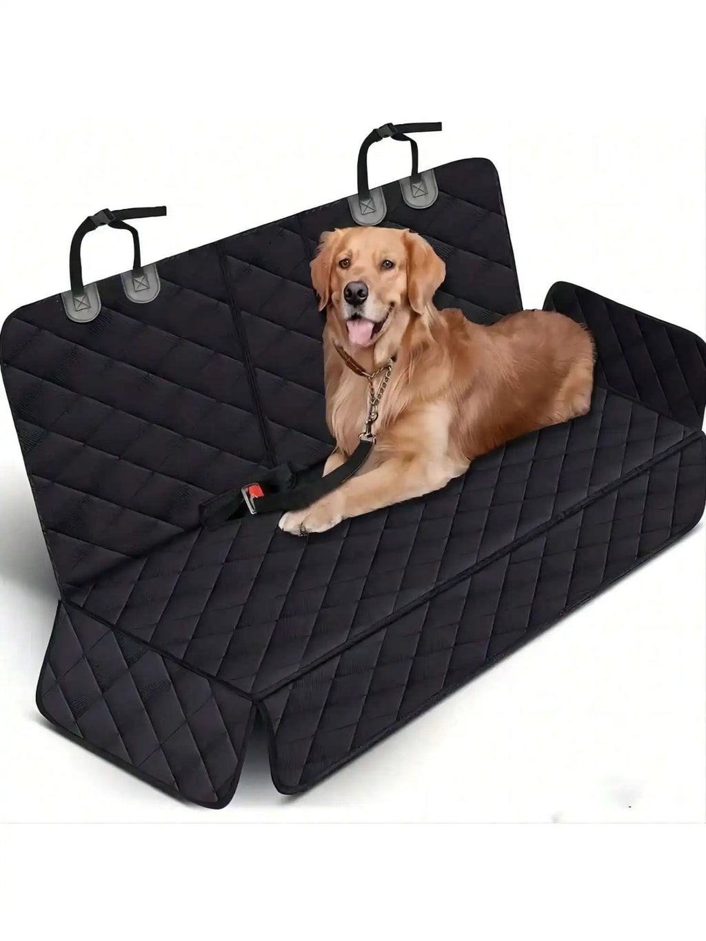 Waterproof dog car seat cover with middle armrest, showing soft fabric and secure straps, designed for pet travel comfort.
