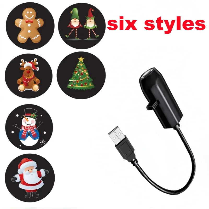 USB projector light featuring Christmas elk and Santa Claus patterns, ideal for room ceiling or window holiday decor.