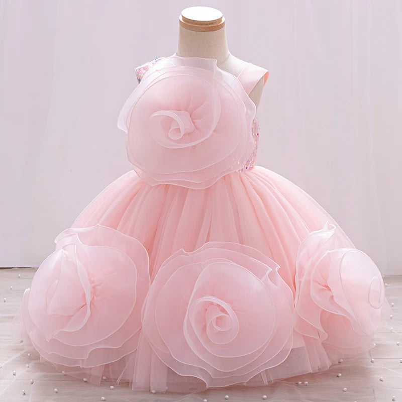 Toddler girl flower girl dress by Showlu Fashion, sparkling single shoulder puffy skirt birthday dress for ages 0-6 years.