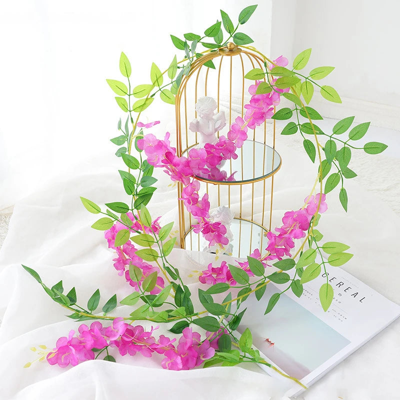 Artificial Wisteria flowers garland by Showlu Fashion Store, 2-meter silk hanging vine for home, garden, or wedding floral decor.