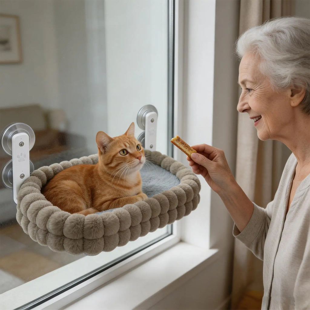 Foldable Showlu Cat Window Perch with double-sided plush hammock for kittens, designed for secure window lounging.