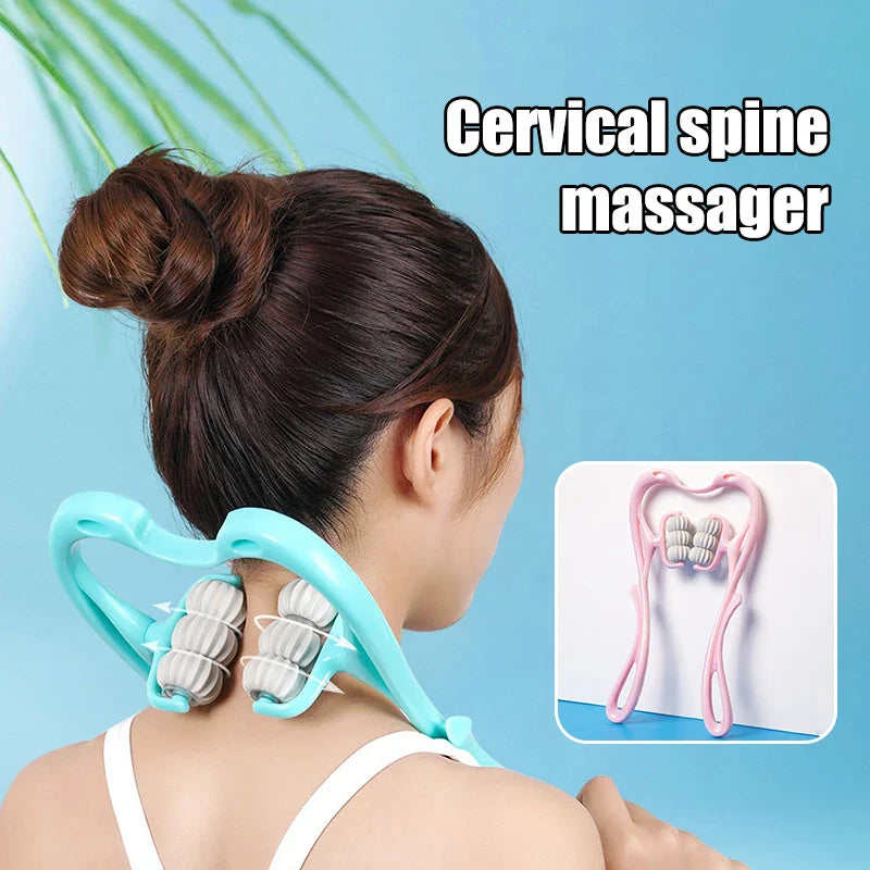 Six-wheel manual cervical massager from SHOWLU for neck and back relief, featuring ergonomic design and portable use.
