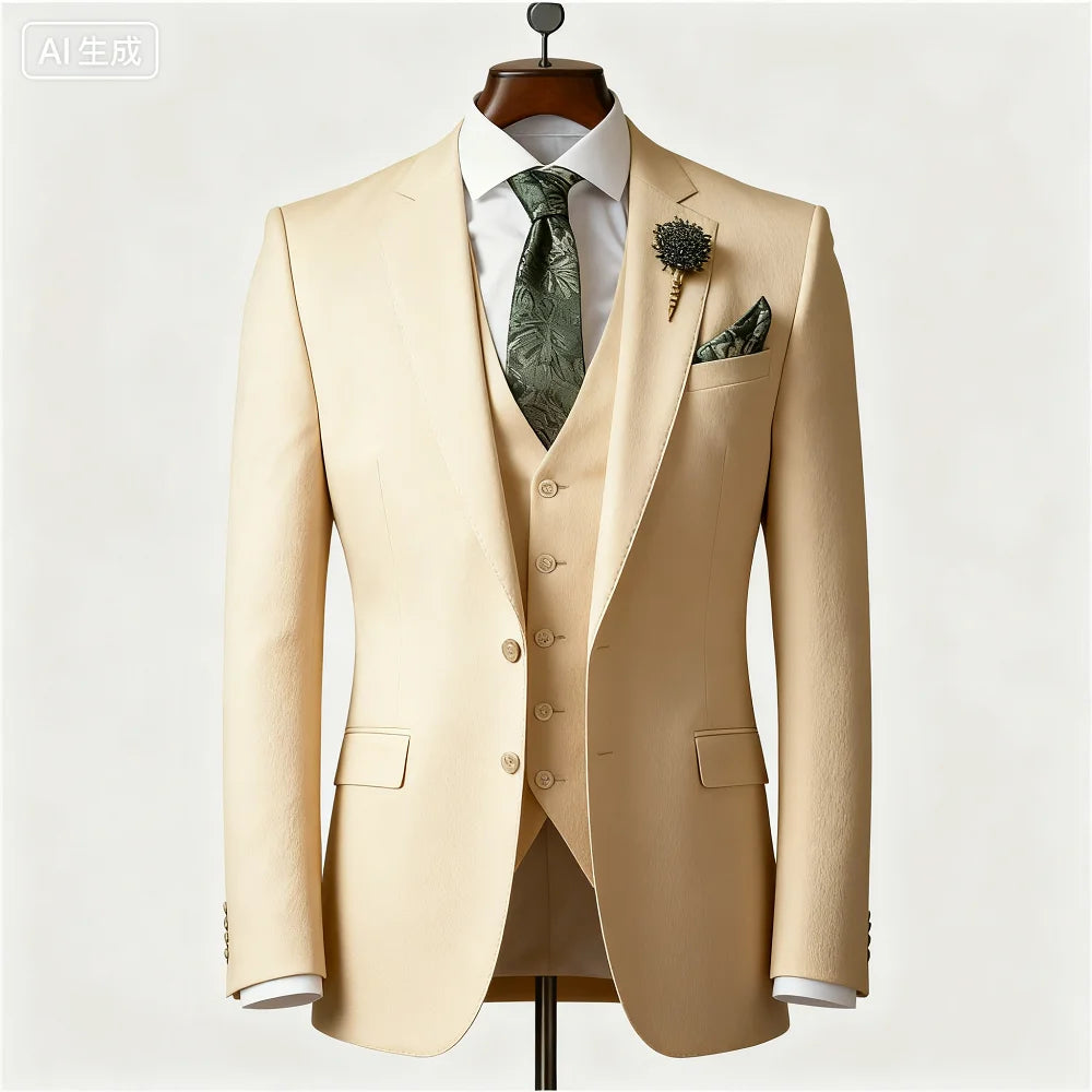 Men's emerald green 3-piece slim fit formal tuxedo suit by Showlu Fashion, with jacket, vest, and trousers on a hanger.