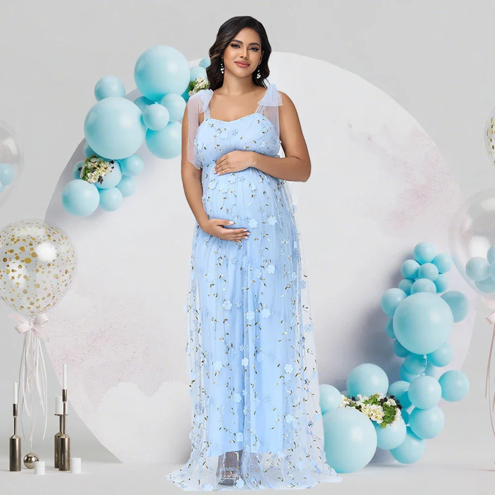 Showlu maternity tulle floral embroidery gown with V-neck, elegant photoshoot dress featuring delicate floral details and flowing fabric.