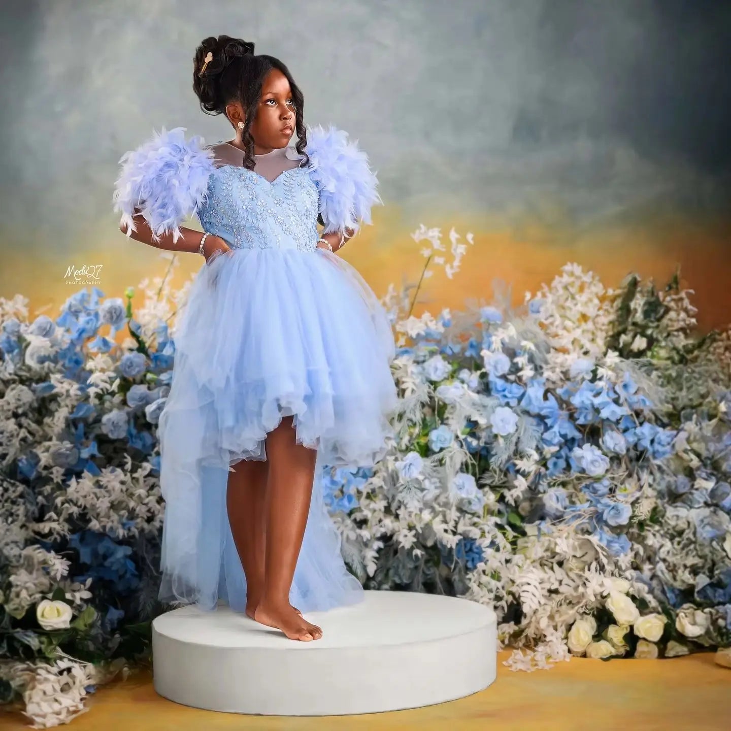 Light Sky Blue Flower Girl Dress Customized Feather Kids Pageant Dresses Luxury Girl Prom Birthday Gown For Photoshoot