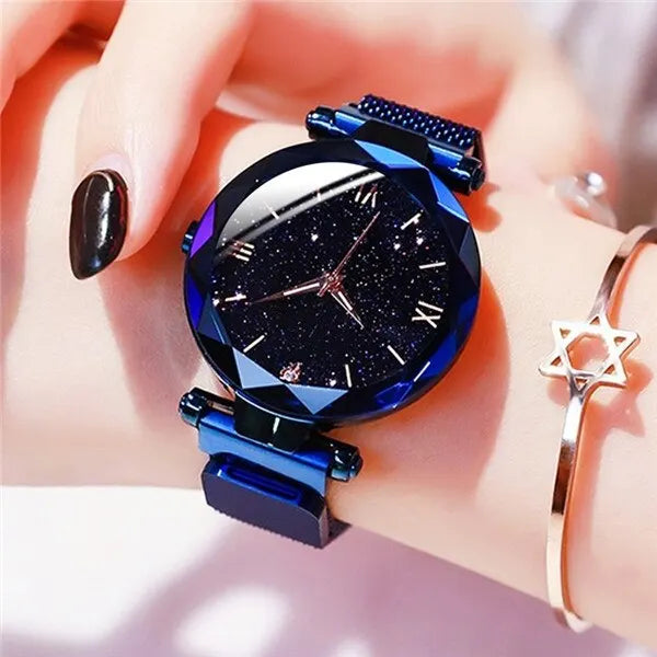 Women’s starry sky quartz watch with magnet buckle, mesh strap, diamond accents, suitable for dress wear by Showlu Fashion.