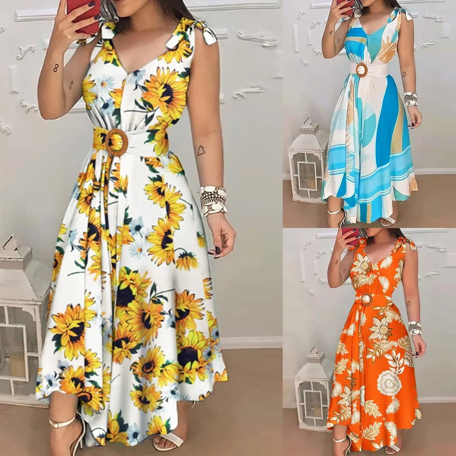 Women's floral sleeveless maxi beach dress with belt by SHOWLU FASHION STORE, featuring a flowing design and vibrant floral pattern.