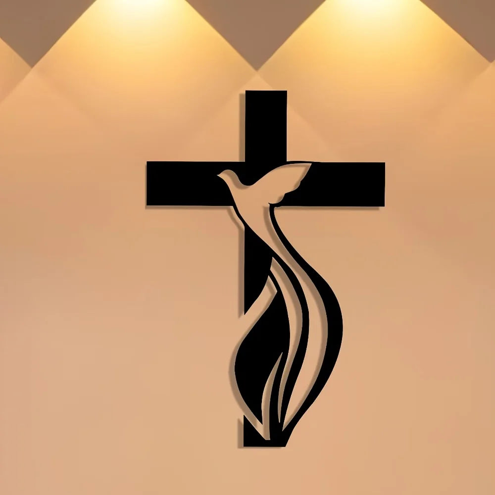 Minimalist iron Dove and Cross metal wall art for home decor, featuring elegant black design and religious symbolism.