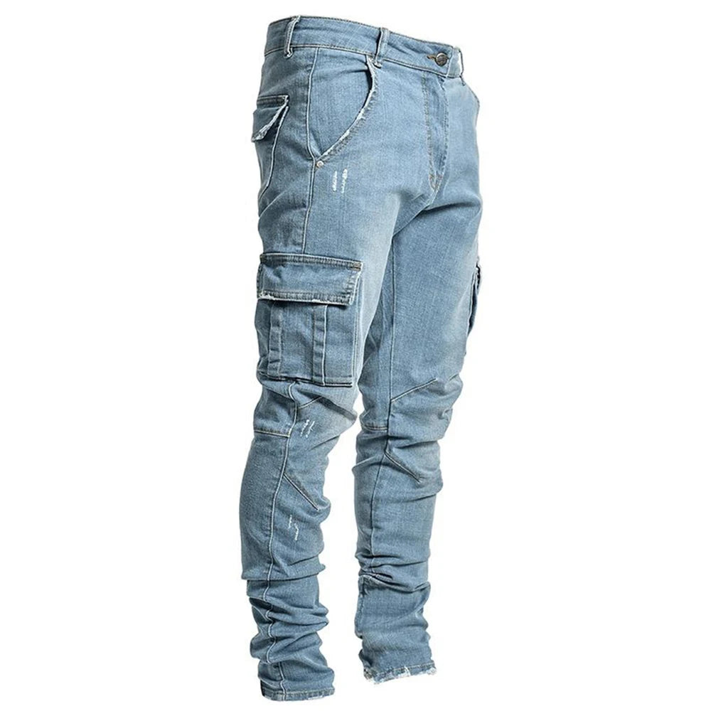 Men's street elastic denim cargo jeans with solid color, multi pockets, slim fit, mid waist, casual joggers by Showlu Fashion Store.