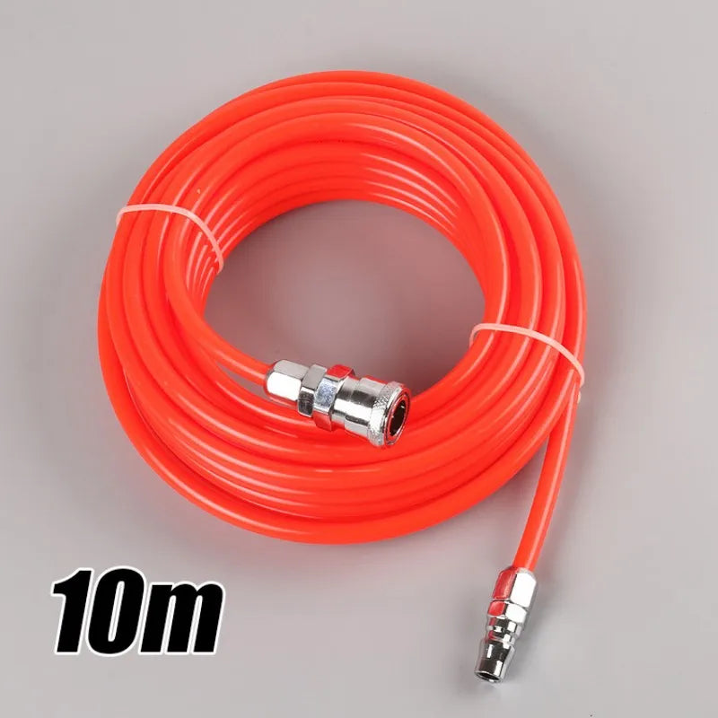 Heavy-duty pneumatic straight pipe air compressor hose with quick connector, ideal for tools and garden equipment.