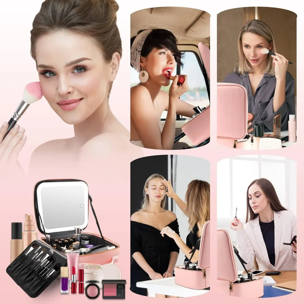 SHOWLU Makeup Bag with LED Mirror, large travel cosmetic organizer, black fabric with built-in light, multiple compartments for beauty essentials.
