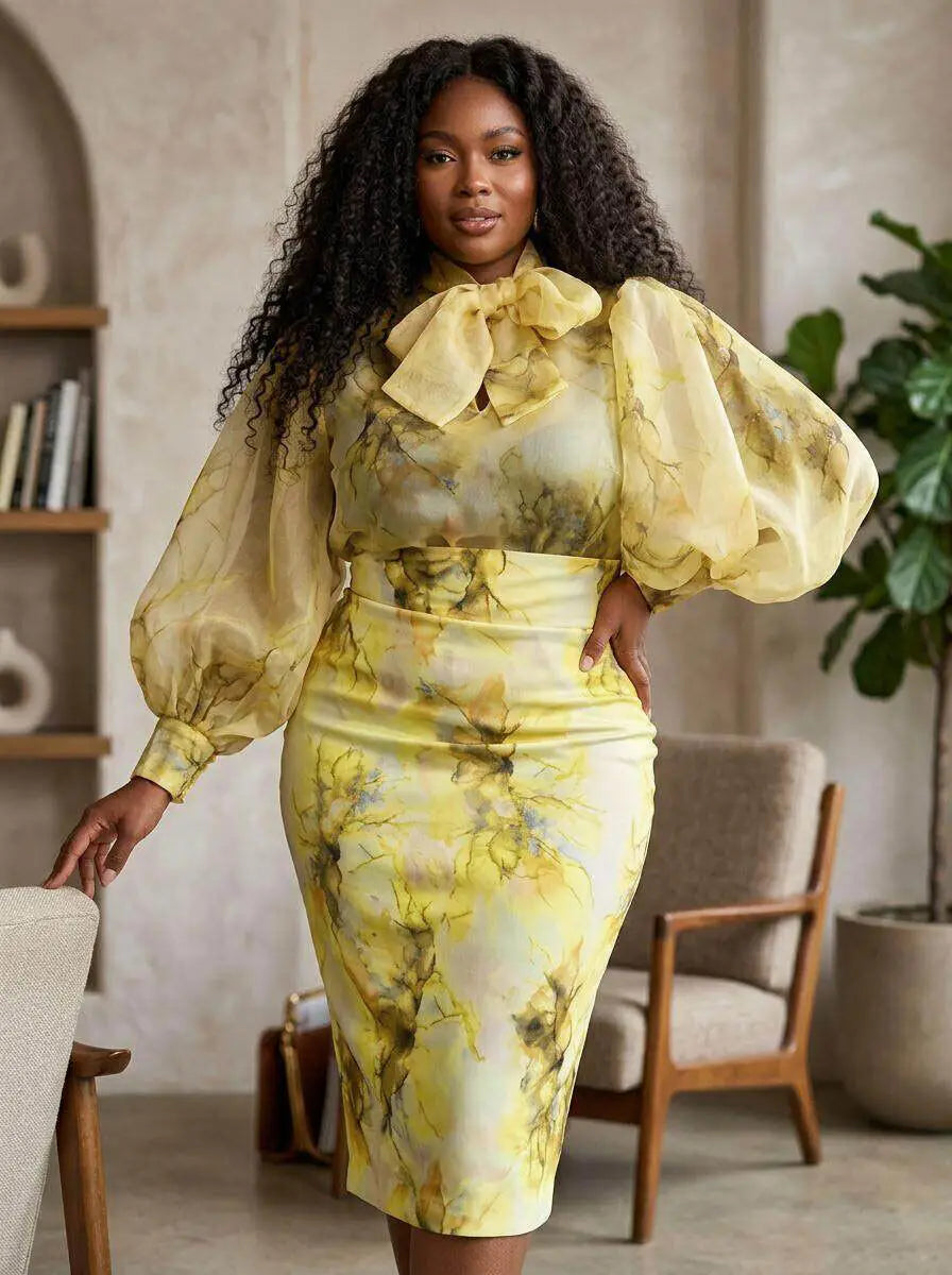 Women Plus Size Long Sleeve Printed Top And Bodycon Midi Skirt Outfit For Brunch Date Wedding Guest Daily Elegant Occasion