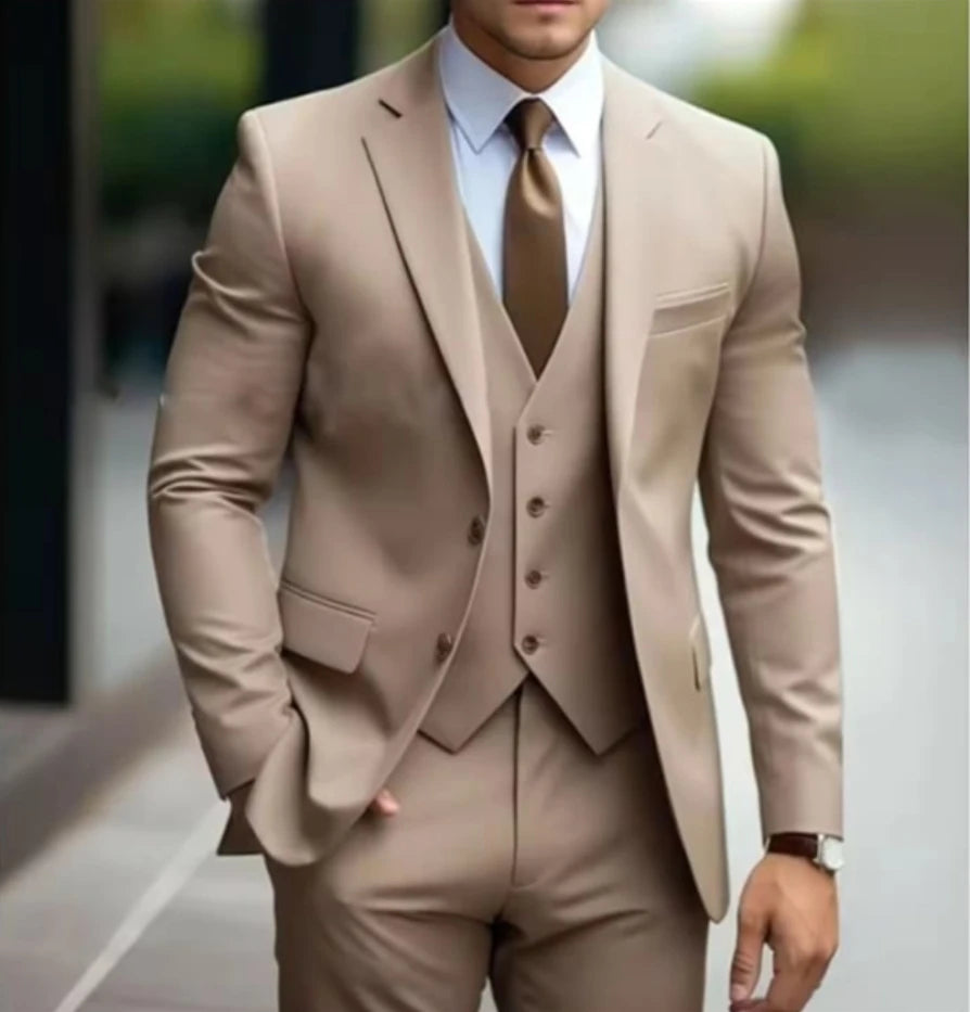 New Khaki Men's Suits 3 Piece Formal Outfits Elegant Blazer Single Breasted Notch Lapel Slim Fit Costume (Jacket+Pants+Vest)