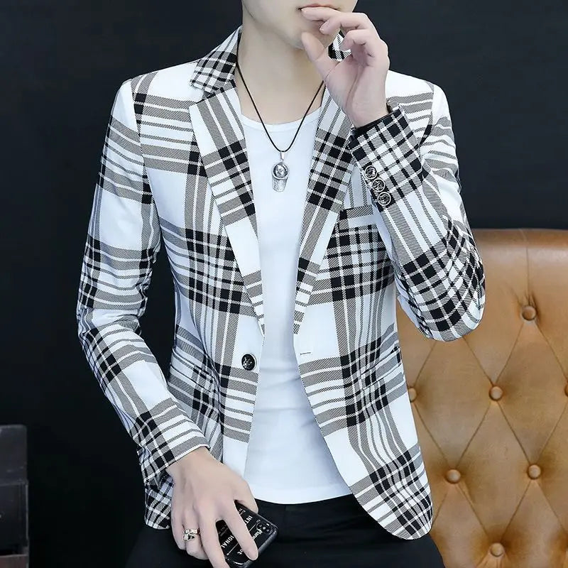 Men's slim fit striped plaid blazer by SHOWLU FASHION STORE, casual Korean style jacket with tailored fit and stylish pattern.