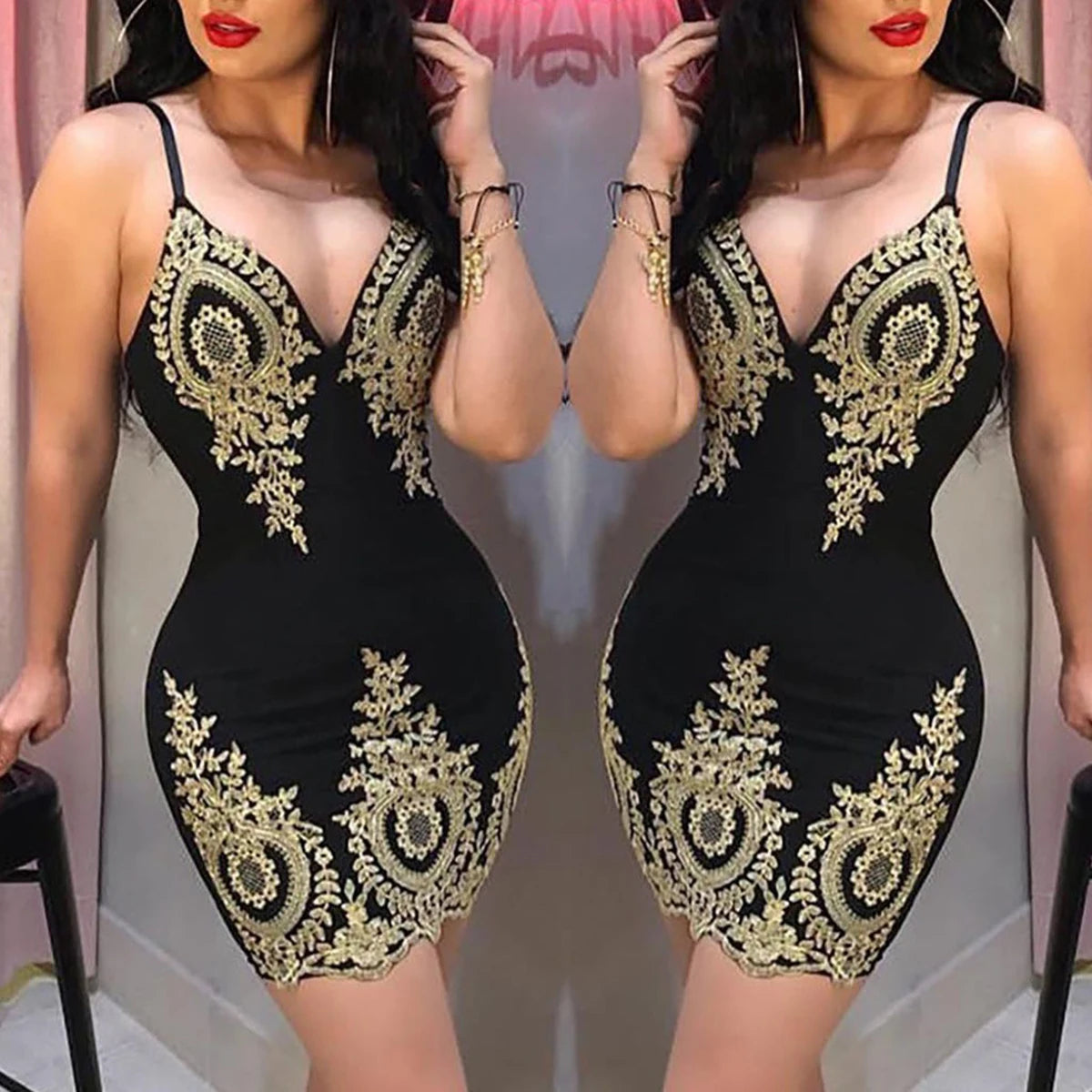 Showlu Fashion Store sexy summer party halter dress with sleeveless, slim fit, low neckline, and halter back design.