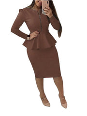 Elegant Women's Skirt Sets Solid Zipper V-neck Slim Top + Package Hip Knee-Length Skrits Suits Female Casual Work Two Pieces Set