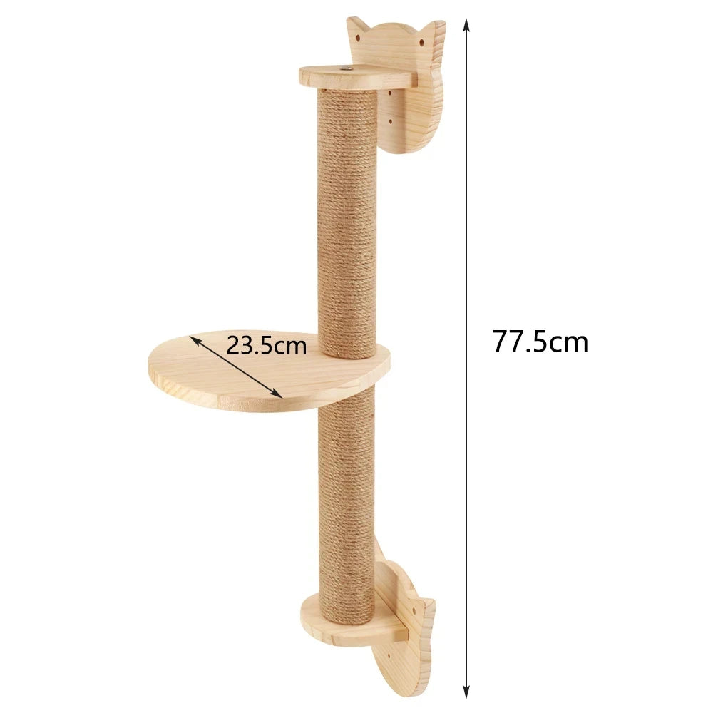 Wall-mounted cat climbing rope and sisal scratching post with wooden base, perfect for feline play and scratching.