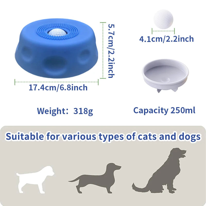 Slow feeder dog bowl with ball-in design, bone broth lick bowl, anti-slip surface, ideal for liquid treats and pet licking enrichment.