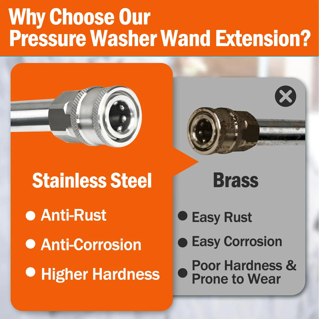 Stainless steel car pressure washer extension wand with non-slip grip and 1/4” quick connect for efficient car washing.
